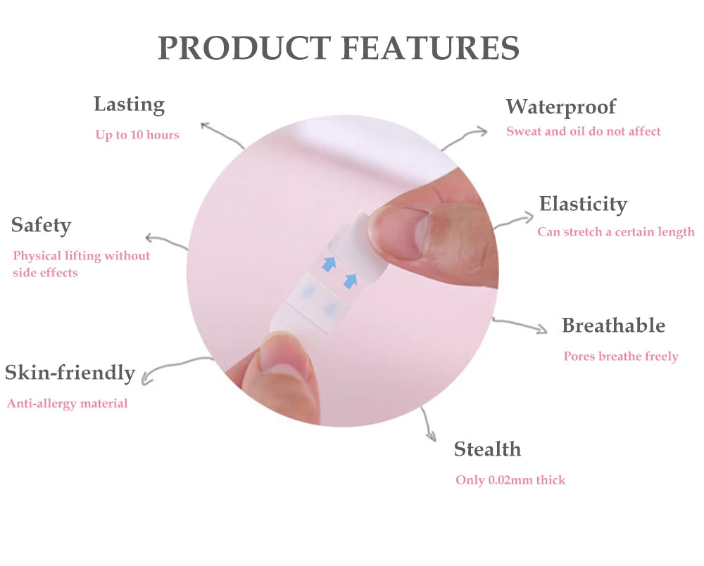 Fingers holding a thin, transparent, V-shaped adhesive face-lifting patch, surrounded by product feature labels.