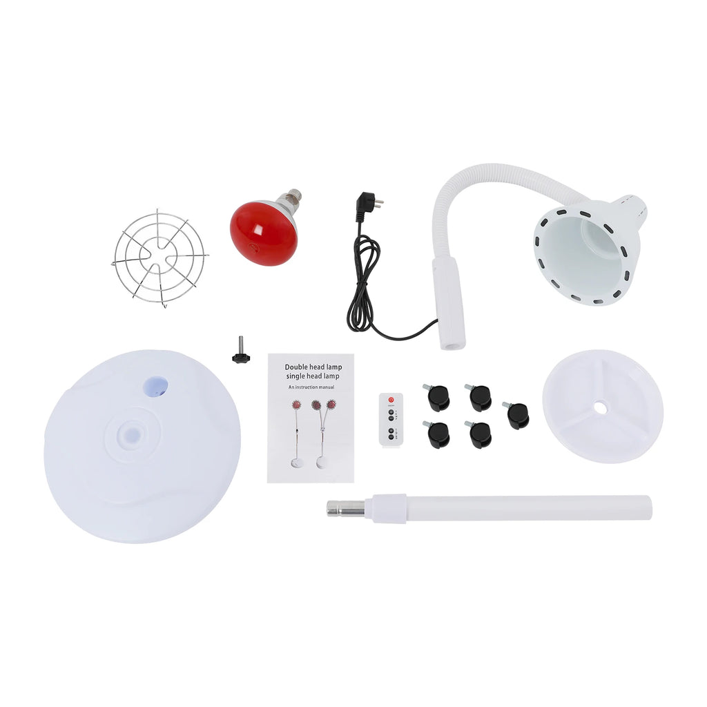 Disassembled white infrared heat lamp kit with flexible arm, red bulb, metal guard, base, and casters.
