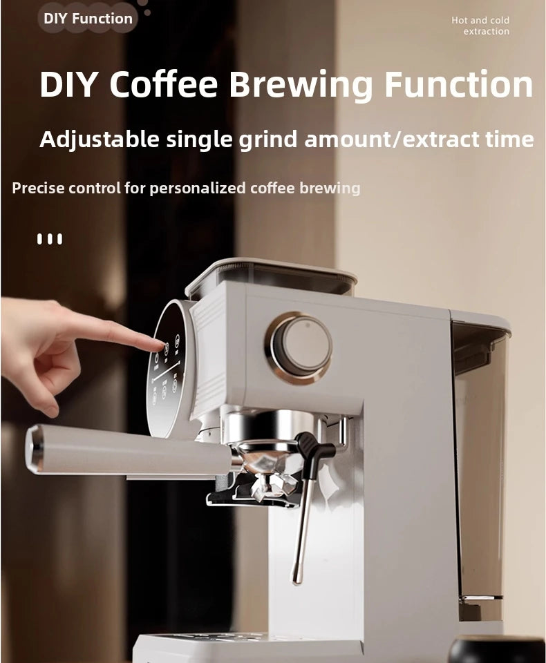 White coffee machine with digital touch screen, portafilter, and adjustable DIY brewing controls for home espresso.