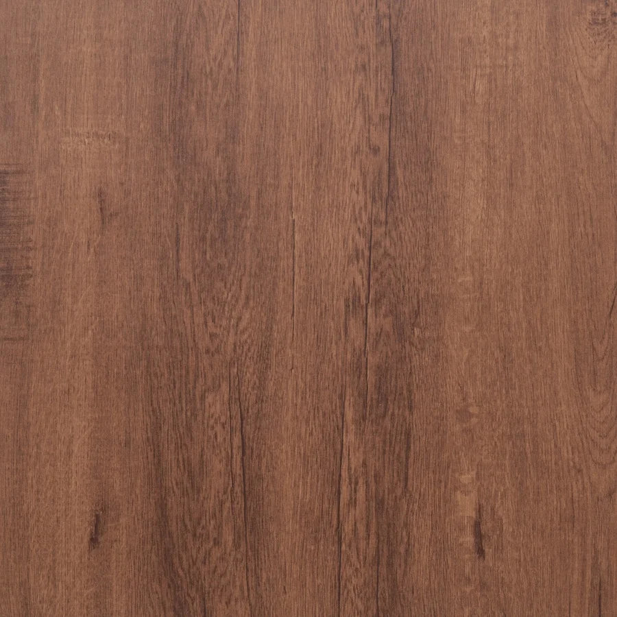 Self-adhesive wood-grain backsplash tile, warm medium brown with plank texture