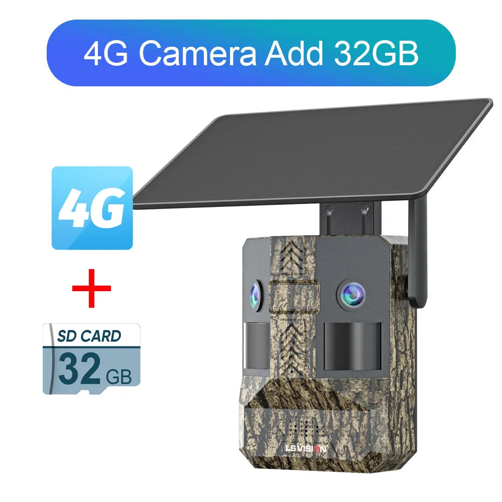Camouflaged solar trail camera with 4G, 32GB SD card, dual PIR and dual screen