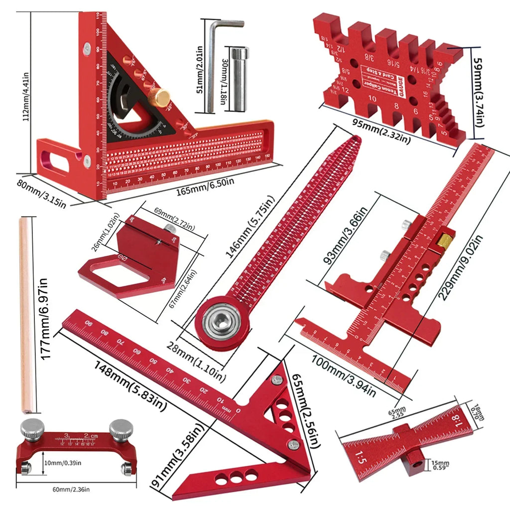 9Pcs Woodworking Square Kit with Box, Aluminum Scribeing Ruler,Center Finder,Circular Drawing Compass,Honing Guide,Height Gauge