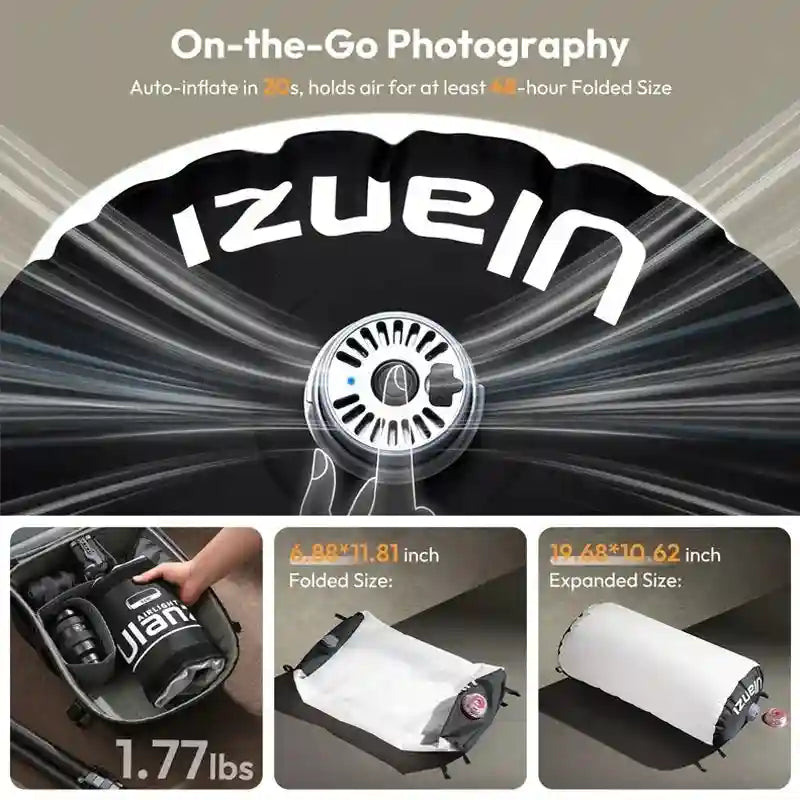 Self-inflating rectangular air cushion, black and white, used for portable photography gear storage and support.