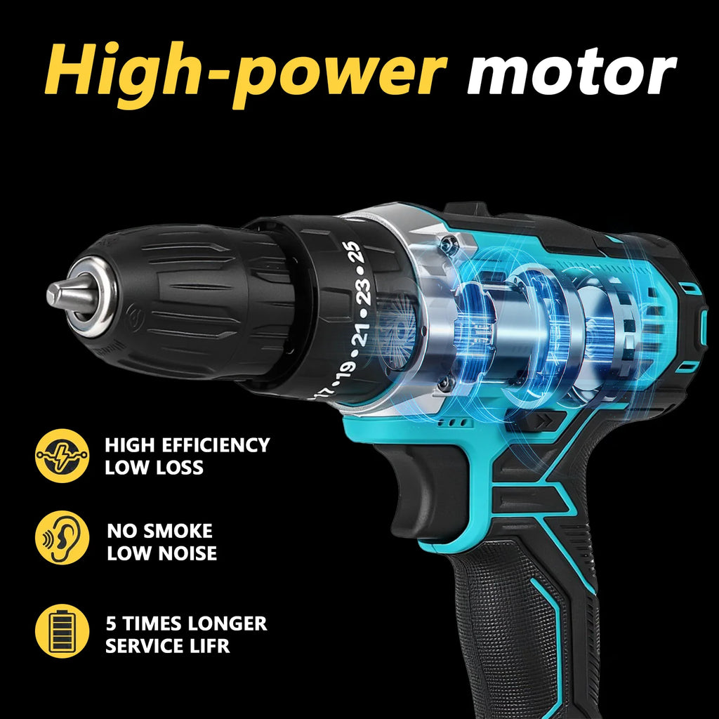 21V Cordless Drill Driver Set 29PCS 35Nm Electric Drill 3/8 Inch Keyless Chuck 25+3 Clutch Variable Speed With 2pcs Batteries