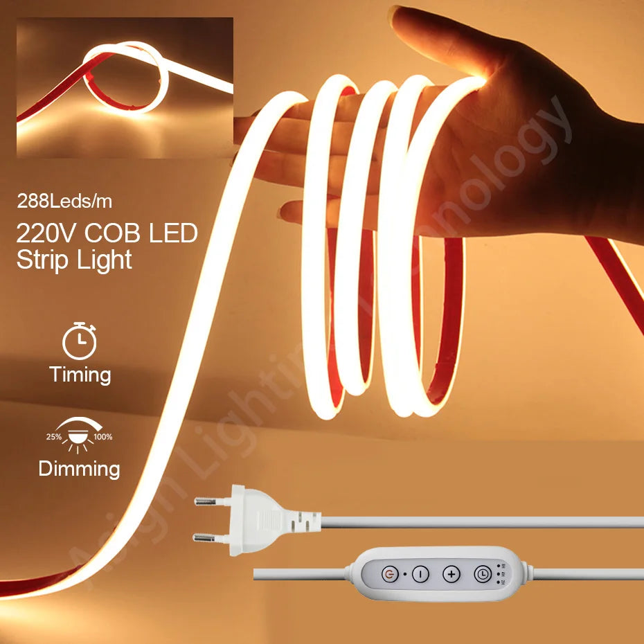Self-adhesive 220V COB LED Strip 288LEDs/m IP65 Waterproof 1m-25m Length with Timing Dimming Switch EU/AU/UK Plug for Lighting
