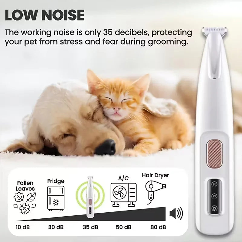 Quiet USB electric pet hair trimmer for safe, stress-free grooming of cat and dog paws, eyes, ears, and face.