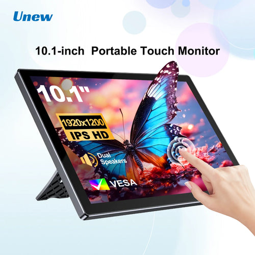 Black 10.1-inch portable IPS touchscreen monitor on a stand, showing a butterfly image with a hand touching the screen.