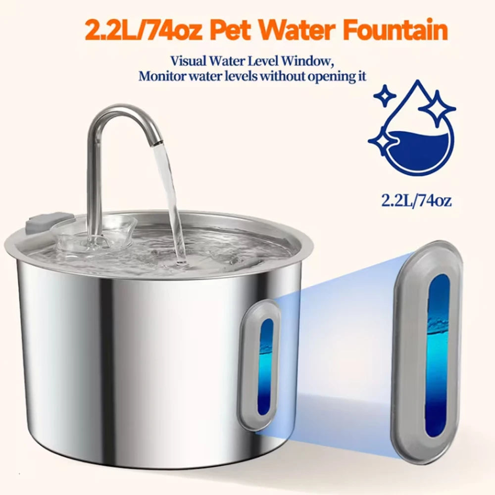 Stainless steel 2.2L automatic pet water fountain with visual window for cats and dogs. Easy-to-monitor water level bowl.