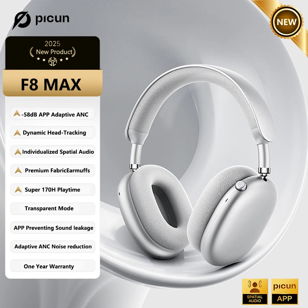 Wireless Headphones with 52dB Active Noise Cancelling & Spatial Audio F8 Max Silvery Tidesmit