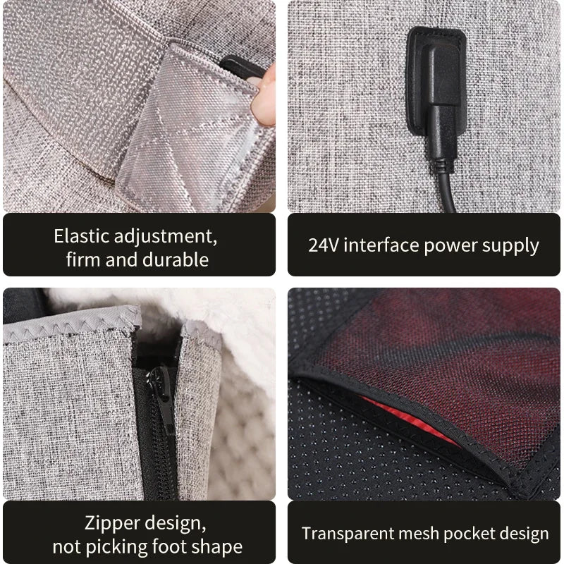 Gray heated leg foot massager with elastic strap, 24V power cord, zipper closure, and red light therapy mesh pocket.