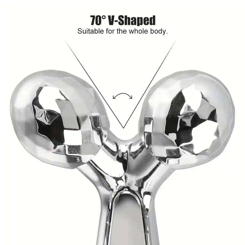 Silver, Y-shaped facial massager with two textured, rotating spheres angled at 70 degrees.