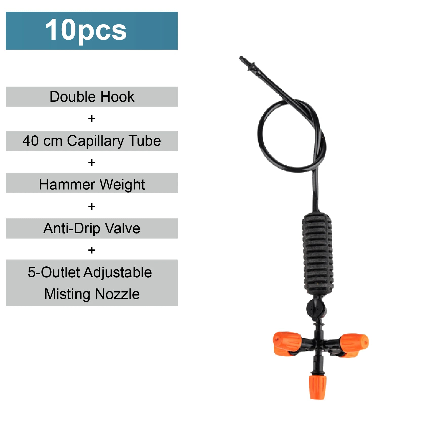 Garden hanging mist sprayer with black tube and five adjustable orange outlet heads