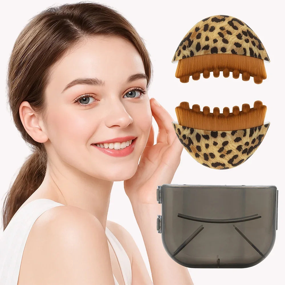 A smiling woman next to two leopard-print, crescent-shaped facial massage brushes and a transparent gray storage case.