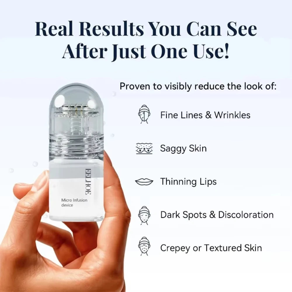 EELHOE Micro Infusion device for skin firming, moisturizing renewal, and fine line reduction in a clear travel bottle.