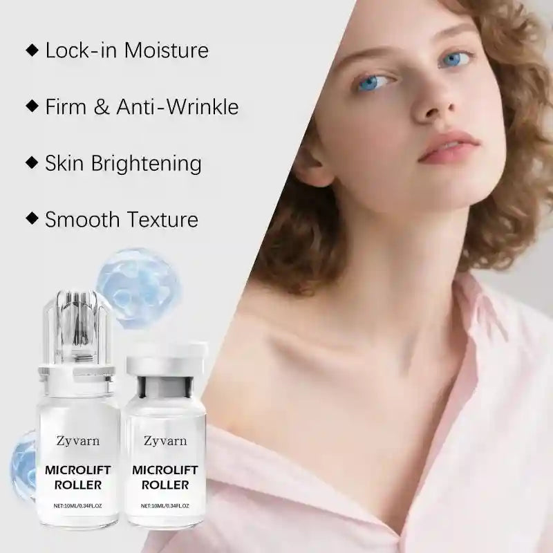 Two bottles of Zyvarn Microlift serum with a needle roller cap next to a woman and skincare benefit text.
