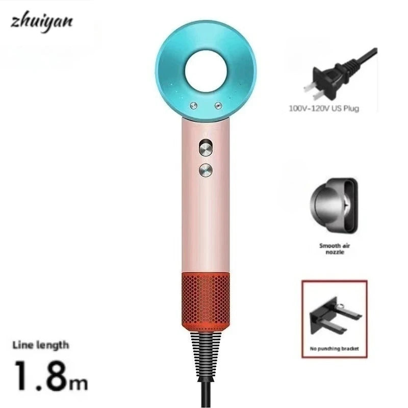 Pink and blue leafless hair dryer with nozzle, wall bracket, and US plug. Professional negative ion salon tool.