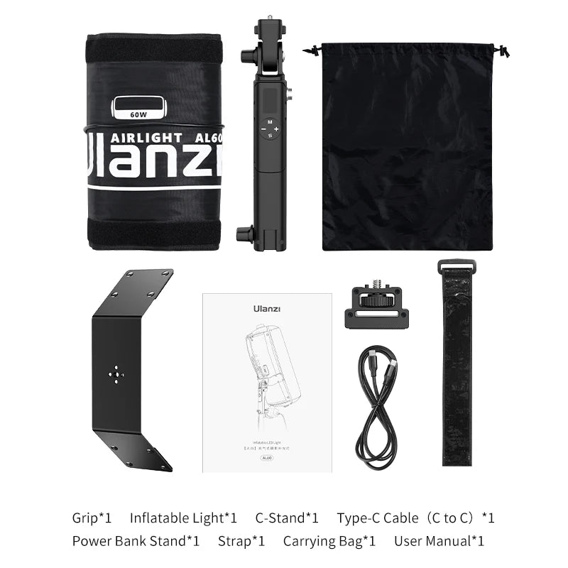 Inflatable LED light kit includes a flexible panel, controller grip, C-stand, power bank holder, cable, and carry bag.
