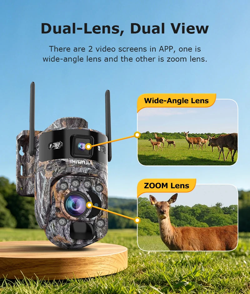 SHIWOJIA 60X 10MP AOV+PIR Outdoor Surveillance Camera WIFI/4G SIM Ai Tracking Human Detection Dual Screen CCtv Security Cam