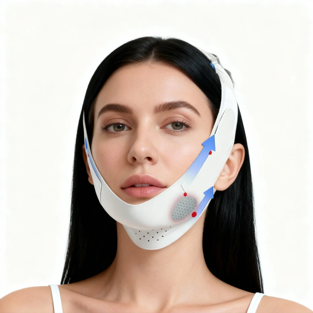 White V-line facial lifting support band worn by a woman, featuring blue direction arrows and perforated details.