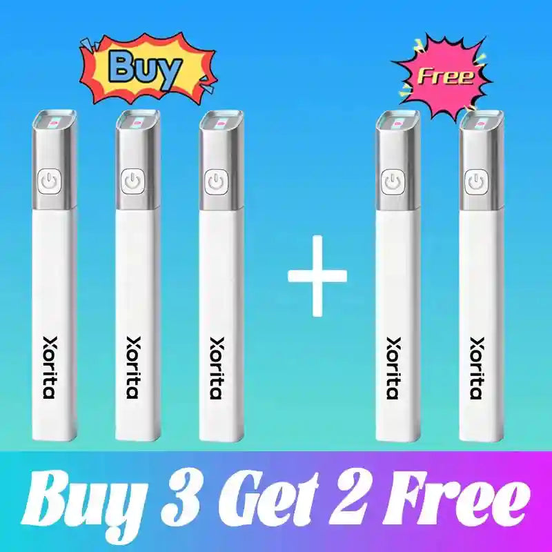 Five white laser plasma pens for skin tag, wart, and freckle removal with power buttons in a buy 3 get 2 free offer.