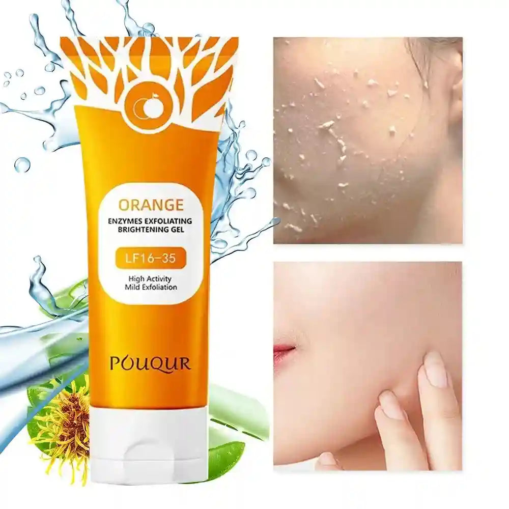 Orange Enzymes Exfoliating Brightening Gel in a yellow squeeze tube, shown with before and after facial skin