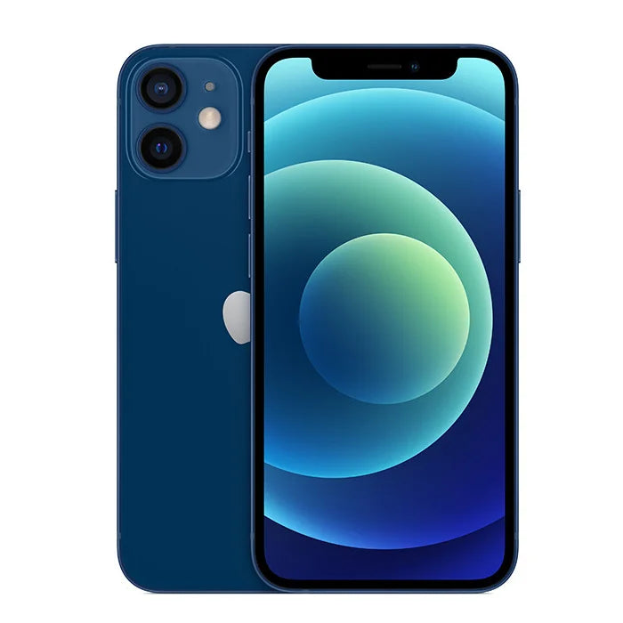 Blue iPhone 12 5G unlocked smartphone, 6.1-inch display, dual-camera system, front and rear view, A14 Bionic.