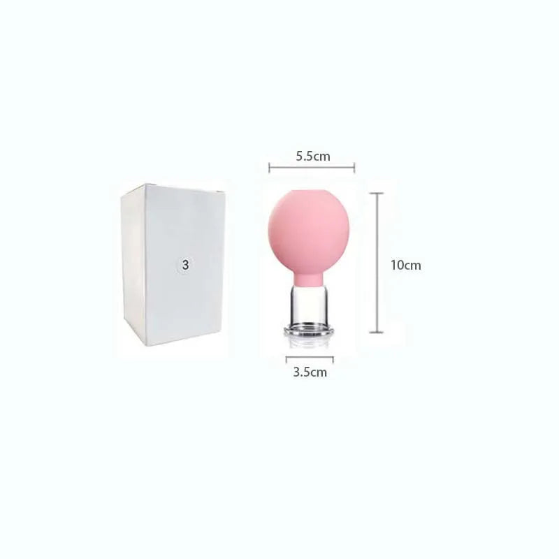 Pink silicone and glass facial cupping tool with dimension labels and a white box, labeled "3".