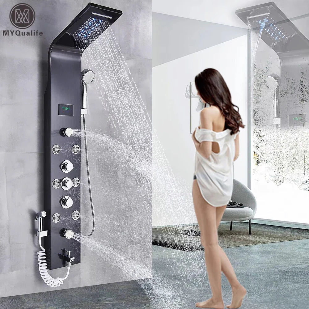 LED Light Shower Faucet Bathroom SPA Massage Jet Shower Column System Waterfall Rain Shower Panel Bidet Sprayer Tap