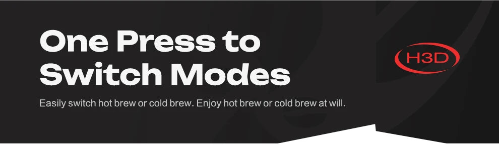 H3D coffee maker features a one-press mode switch for easy hot or cold brewing in a sleek black design.
