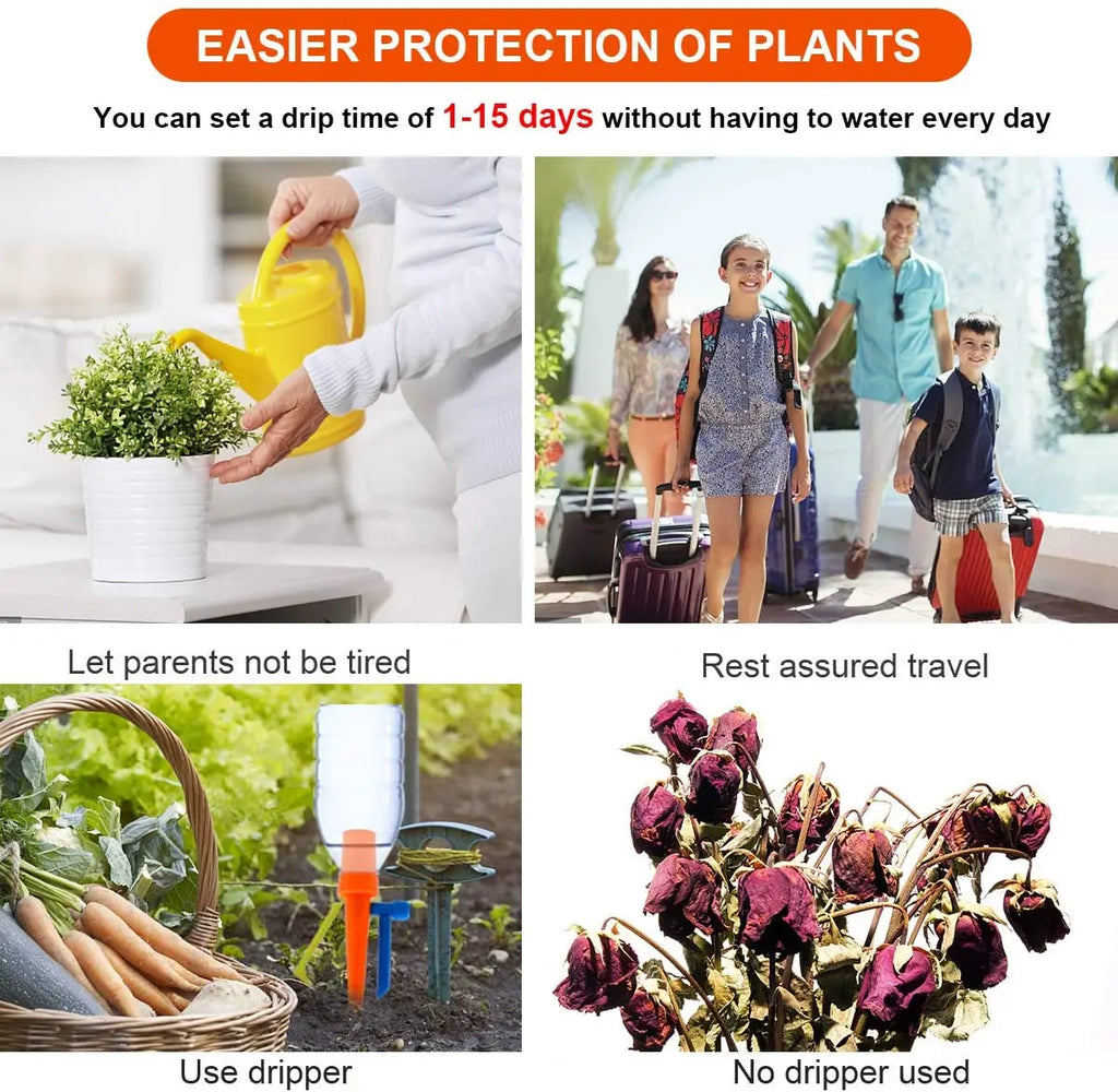 Auto drip irrigation dripper for potted plants with orange-yellow bottle and spike