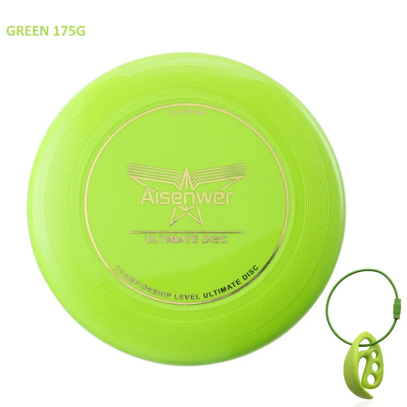 Bright green 175g Aisenwer ultimate flying disc with a circular plastic design and a matching green carry clasp.