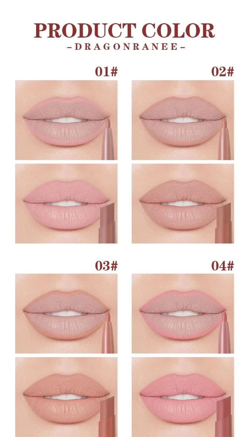 DragonRanee dual-ended waterproof matte lip liner and lipstick set in various nude and rose red shades on lips.