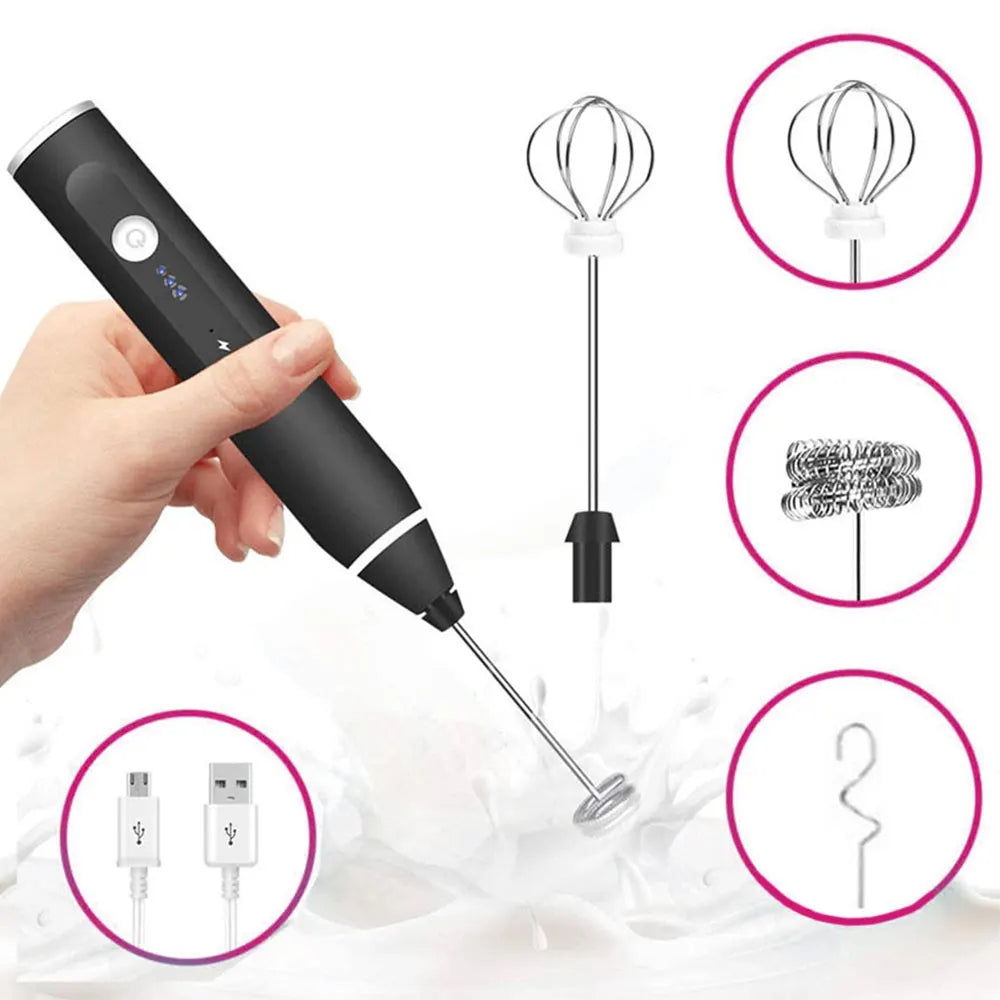 Black electric handheld milk frother with stainless steel whisk heads and USB charging cable for coffee and lattes.