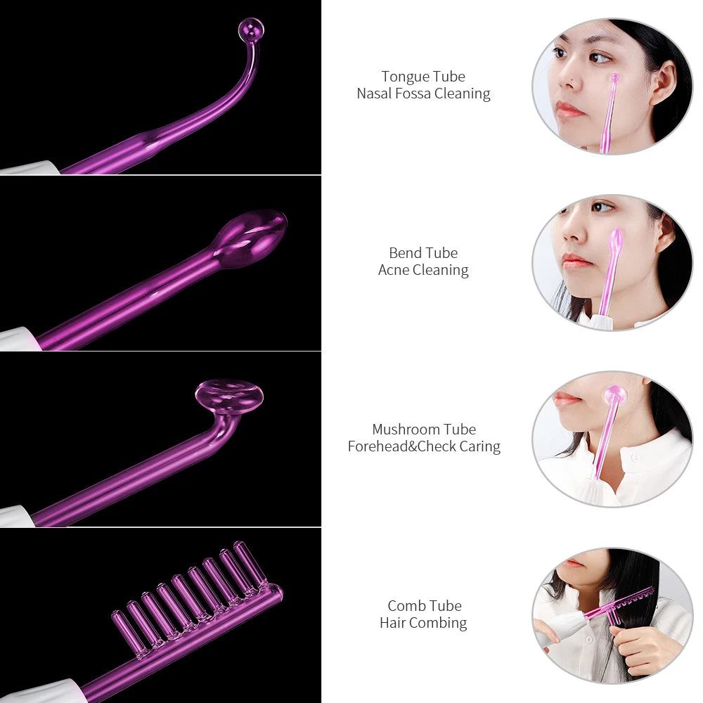 Four purple glass electrode wands for facial skincare showing tongue, bend, mushroom, and comb attachments in use.