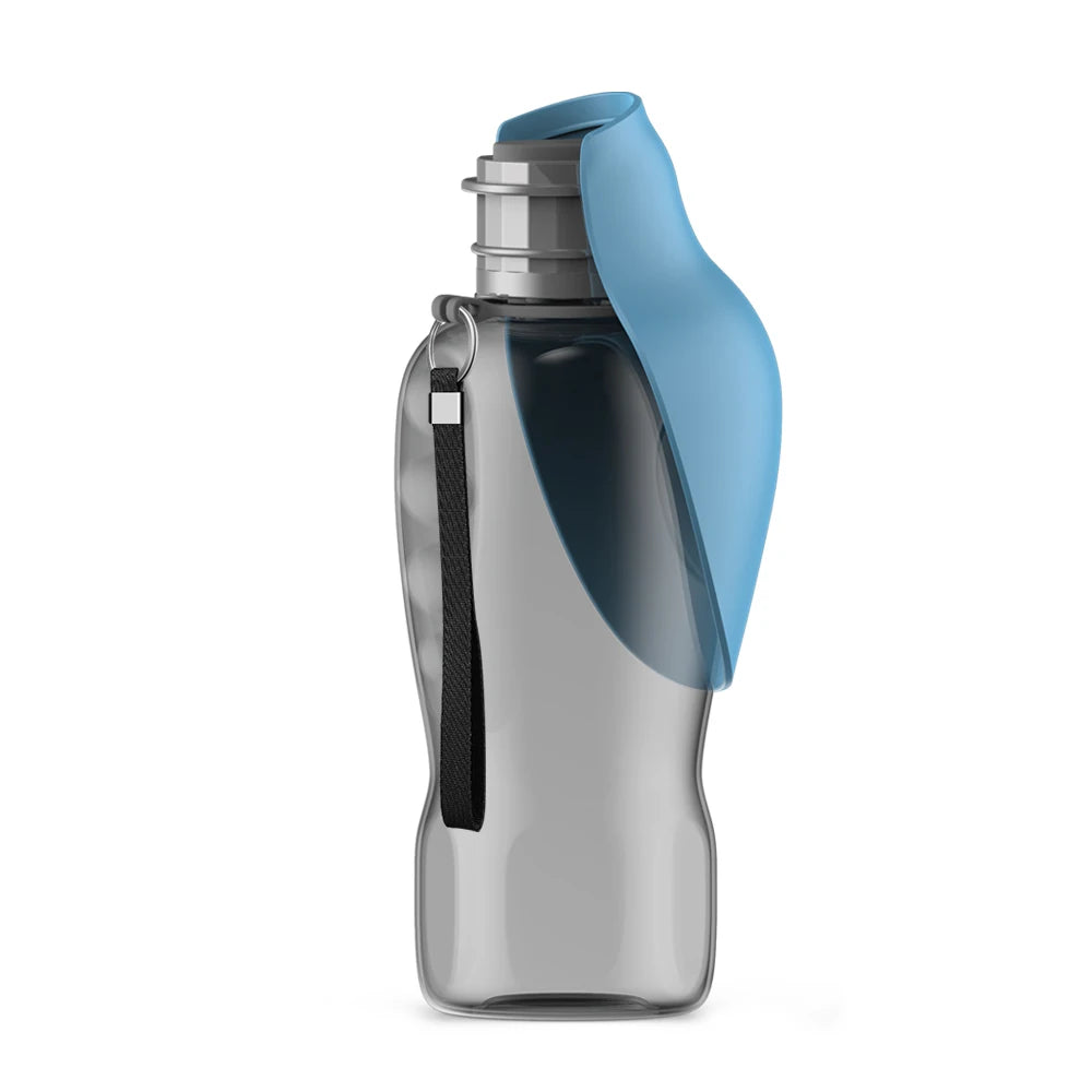 800ml portable dog water bottle with blue integrated bowl for easy outdoor drinking. Durable travel pet feeder.