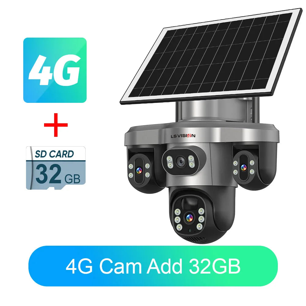 Outdoor solar security camera with three-lens design and dual solar panel on mount