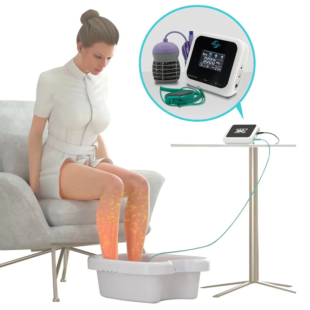 Ionic foot bath detox machine with touch display, cleansing array, and wrist strap for home spa therapy.