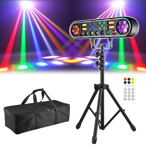 LED effect stage light on black tripod with rack head and carry bag