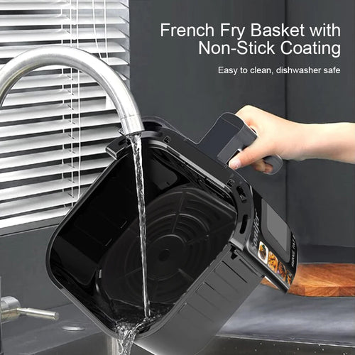 Air fryer with pull-out basket being filled, showing interior and see-through window