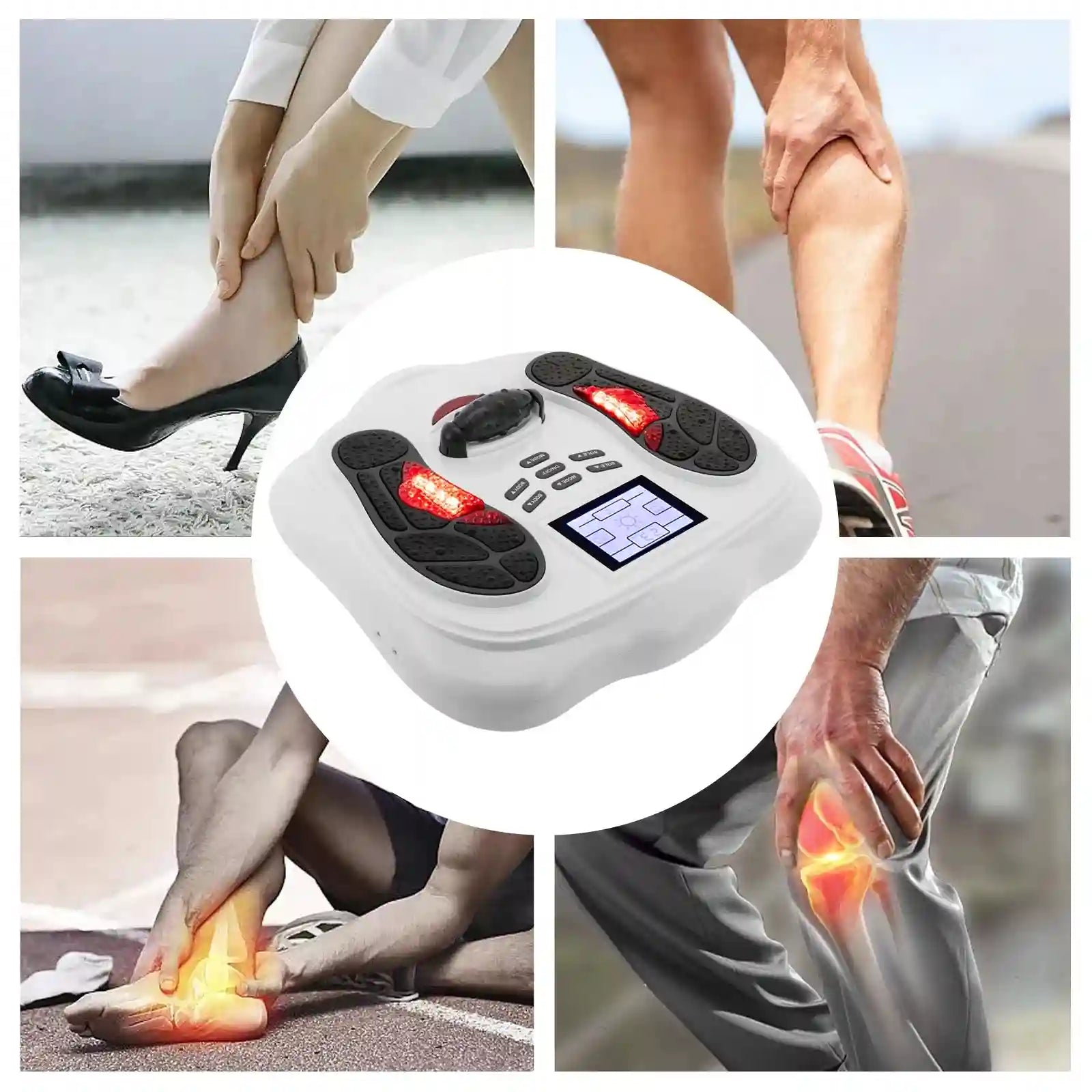 White electric foot massager and blood circulation simulator with LCD screen and remote control for leg pain relief.