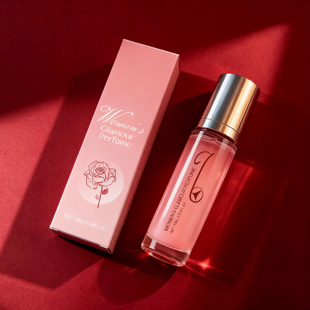 Women's Glamour Pheromone Perfume spray, 10ml rose-scented long-lasting fragrance in a portable glass bottle.