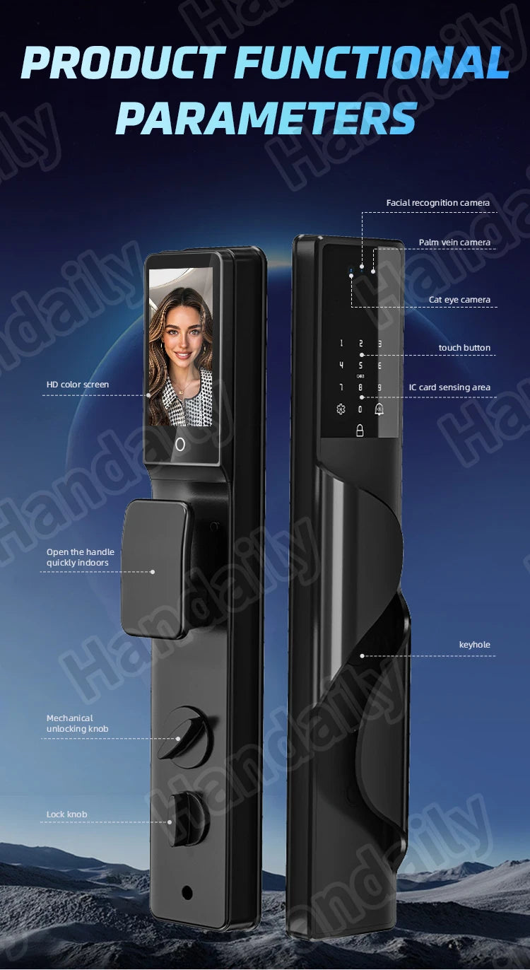 Waterproof Smart Door Lock with Camera Video Monitoring Intercom Palm Vein 3D Face Recognition Tuya Electric Door Lock