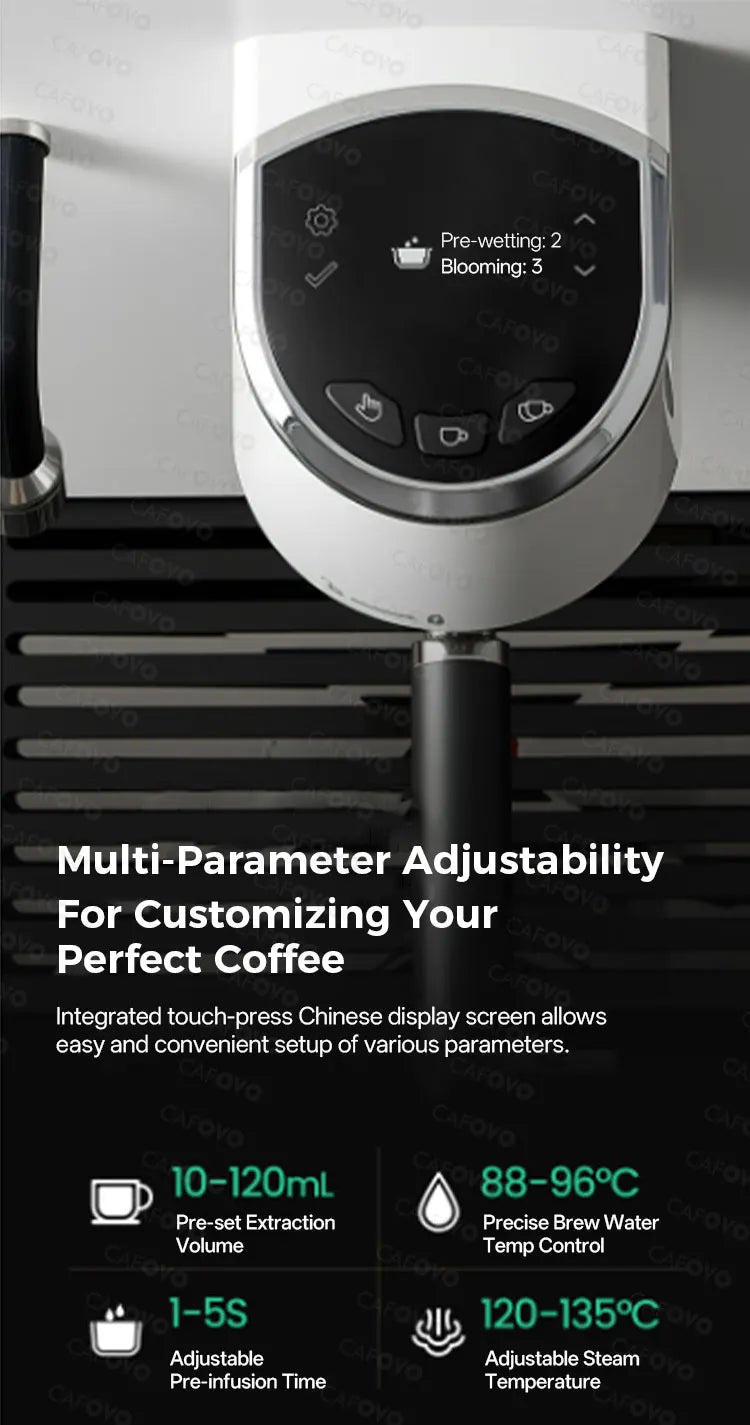 CAFOVO espresso machine with digital touchscreen control panel for precise brewing and steam temperature settings.