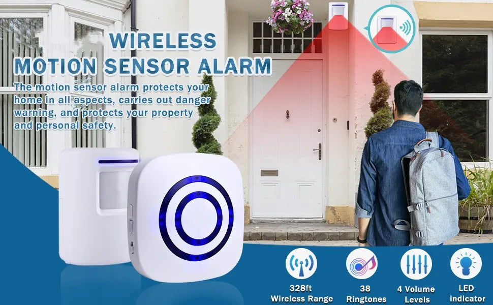 Wireless Home Security Entrance Alarm Visitor Doorbell with Plug-in Receiver and PIR Motion Sensor Warning System 38 Melodies