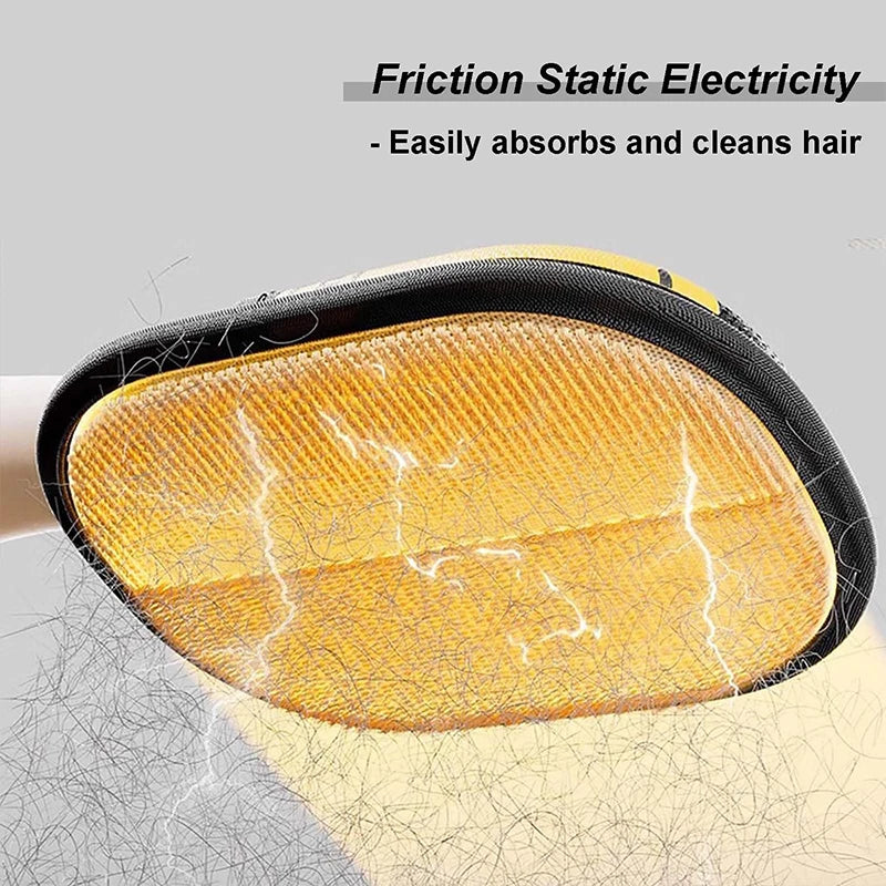 Yellow electrostatic pet hair removal glove for cats and dogs, easily cleaning fur with friction static electricity.
