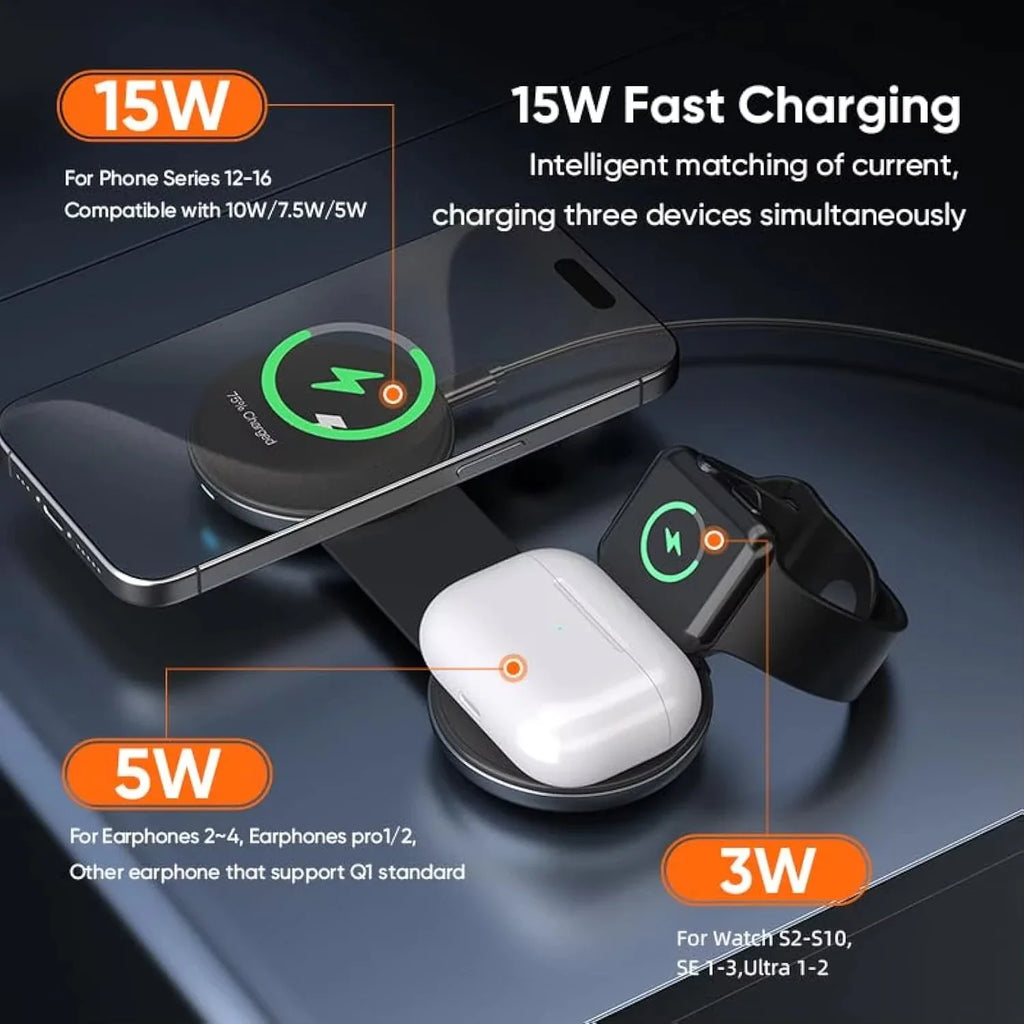 3-in-1 Wireless Travel Charger: Foldable MagSafe Compatible Dock Tidesmit