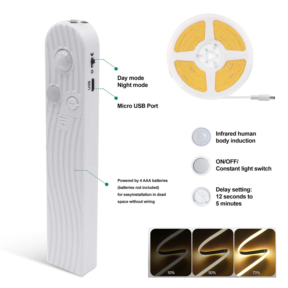 5V Motion Sensor LED COB Light Strip Human Induction USB/Battery Powered Flexible Lamp Under Cabinet Stairs Wardrobe Nightlights