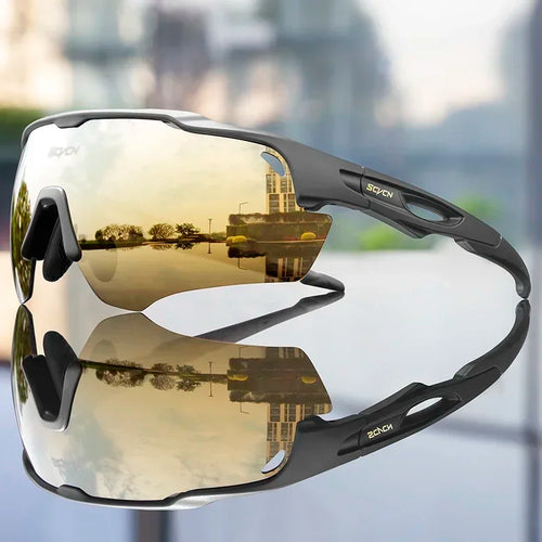 SCVCN cycling sunglasses with gold mirror polarized lenses and dark wraparound frame