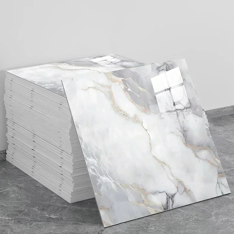 Peel-and-stick marble backsplash panel, white with soft gray marble veining