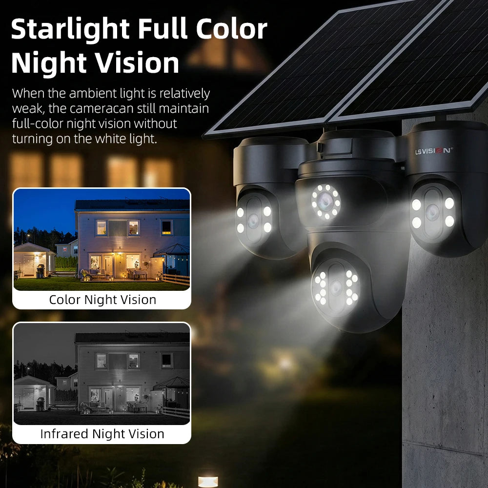 LS VISION 20MP 4 Screen 4G AOV  Solar Camera 12X Zoom 3 PTZ 360° 24/7 Video Recording  AI Humanoid Auto Tracking CCTV IP Camera